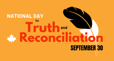 Text on image says "National Dy for Truth and Reconciliation, September 30" with a maple on the left hand side and an eagle feather on the right hand side.
