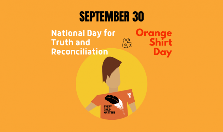 Text on the image reads “September 30 is National Day for Truth and Reconciliation and Orange Shirt Day.” In the bottom right corner is the YMCA logo. In middle is a person wearing an orange t-shirt with an eagle feather and the words “Every Child Matters” on the t-shirt.
