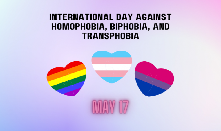 Text: International Day Against Homophobia, Biphobia, and Transphobia. May 17. Image: 3 hearts in the center, each heart has the colours of pride, bisexual, and trans sexual flag