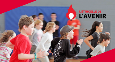 A group of children are running and having fun in a gym. The Ignite the Future logo is on the right side.