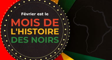 Text: Fevrier est la mois de l'histoire des noirs. Image: the text is surrounded by the colours of green, yellow, and red.