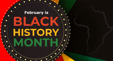 Text: February is Black History Month. Image: the text is surrounded by the colours of green, yellow, and red.