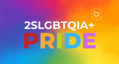 Text: 2SLGBTQIA+ PRIDE. Text is on a colourful background.
