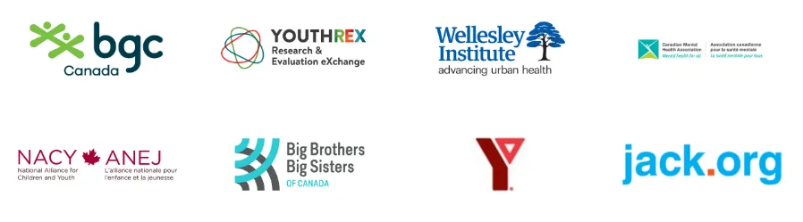 Logos for BGC Canada, YouthRex Research & Evaluation eXchange, Wellesley Institute, Canadian National Health Association, National Alliance for Children and Youth, Big Brothers Big Sisters of Canada, YMCA Canada, and jack.org