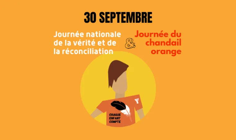 Texte de l’image « Le 30 septembre marque la Journée nationale de la vérité et de la réconciliation et la Journée du chandail orange ». Le logo du YMCA se trouve en bas à droite. Au milieu, il y a une personne qui porte un chandail orange sur lequel se trouve une plume d’aigle et les mots « Chaque enfant compte ».