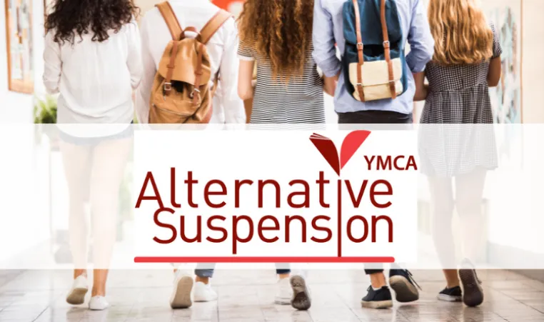 A group of teenagers walking away with the Alternative Suspension logo layer on top of the image
