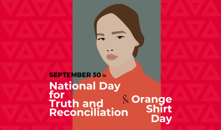 A portrait of a person wearing an orange shirt with the words September 30 is National Day for Truth and Reconciliation & Orange Shirt Day