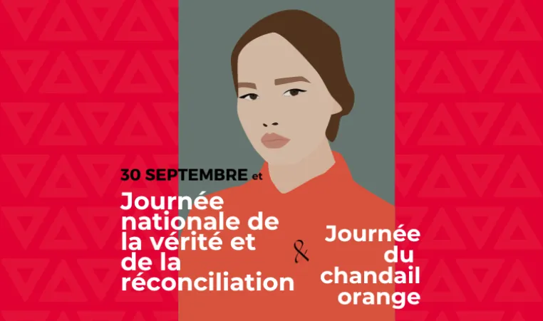 A portrait of a person wearing an orange shirt with the words September 30 is National Day for Truth and Reconciliation & Orange Shirt Day