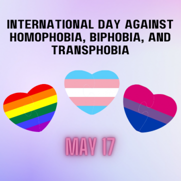 Text: International Day Against Homophobia, Biphobia, and Transphobia. May 17. Image: 3 hearts in the center, each heart has the colours of pride, bisexual, and trans sexual flag