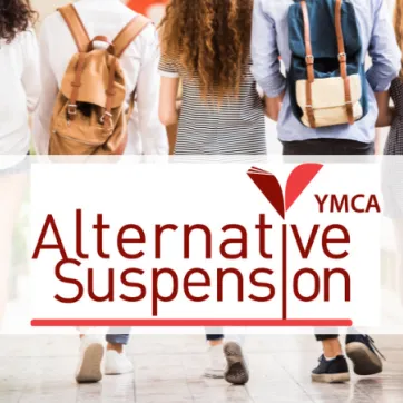 A group of teenagers walking away with the Alternative Suspension logo layer on top of the image