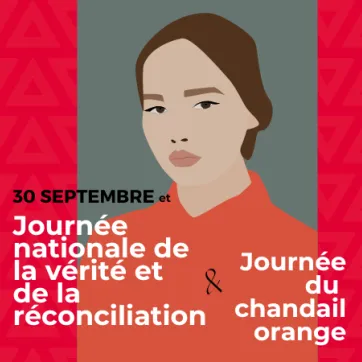 A portrait of a person wearing an orange shirt with the words September 30 is National Day for Truth and Reconciliation & Orange Shirt Day