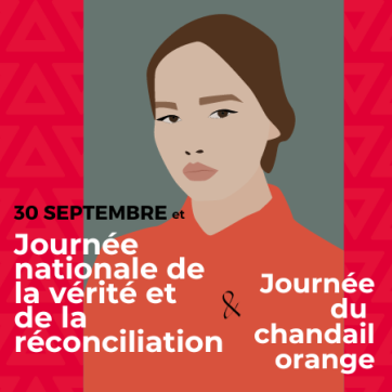 A portrait of a person wearing an orange shirt with the words September 30 is National Day for Truth and Reconciliation & Orange Shirt Day