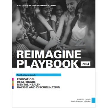 Text: Reimagine Playbook 2024. Image: a group of young people are standing in a circle with one hand on top of the other.