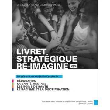 Texte : Livret stratégique Ré-imagine 2024. Image : un groupe de jeunes forment un cercle, une main sur l'autre.