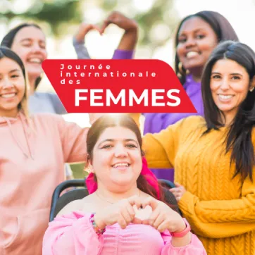 Text: Journée internationale des femmes. Image: 5 femmes font un cœur avec leurs mains.